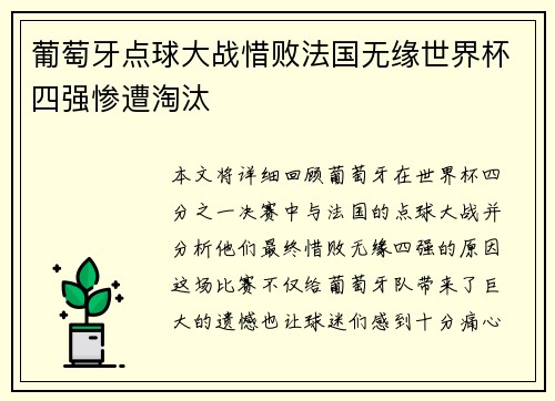 葡萄牙点球大战惜败法国无缘世界杯四强惨遭淘汰