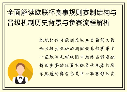 全面解读欧联杯赛事规则赛制结构与晋级机制历史背景与参赛流程解析 全面解读欧联杯赛事规则赛制结构与晋级机制历史背景与参赛流程解析