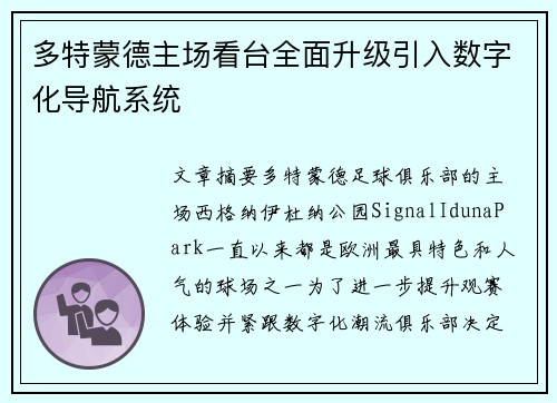 多特蒙德主场看台全面升级引入数字化导航系统